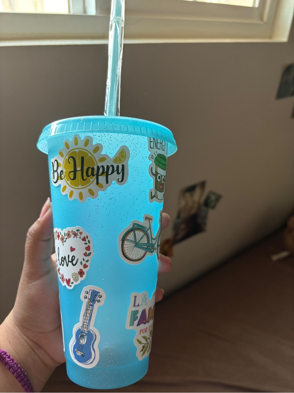 ¡SOLD! Blue Reusable Straw Cup with Cute Sticker Design